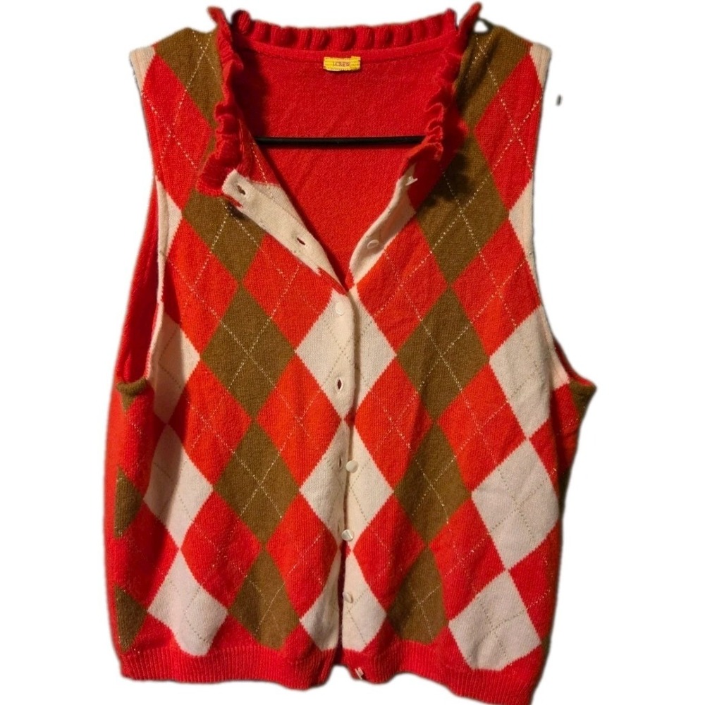 Vintage J.Crew Vest Women Orange Argyle Ruffle Collar Knit Sweater Preppy Y2k